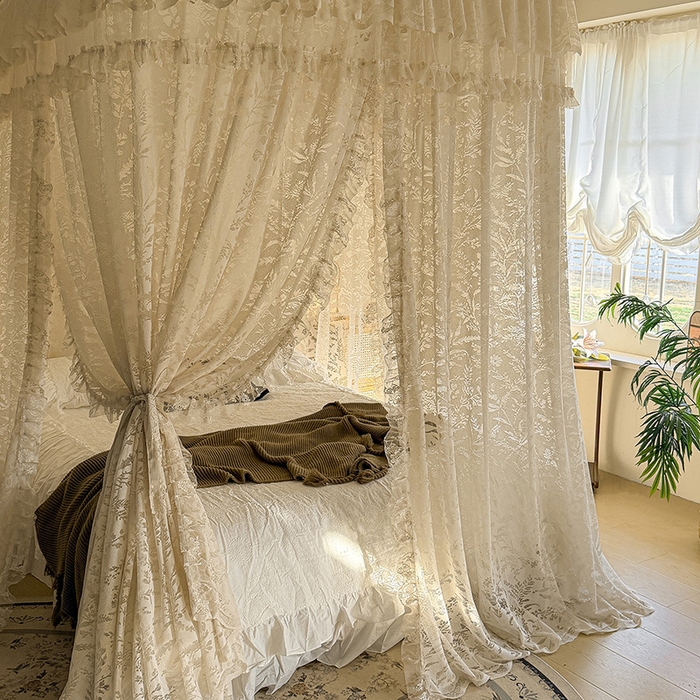 91家纺网 家纺一手货源 找家纺 都市缘蚊帐 2026新款浪漫303新款欧式蕾丝轨道蚊帐 盛夏-奶油杏