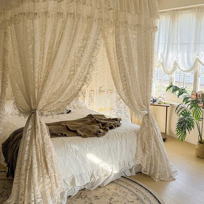 91家纺网 家纺一手货源 找家纺 都市缘蚊帐 2026新款浪漫303新款欧式蕾丝轨道蚊帐 盛夏-奶油杏