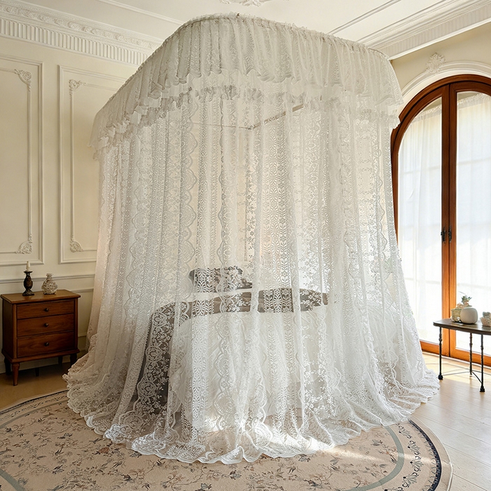 91家纺网 家纺一手货源 找家纺 都市缘蚊帐 2026新款浪漫303新款欧式蕾丝轨道蚊帐 苏格兰-奶油白