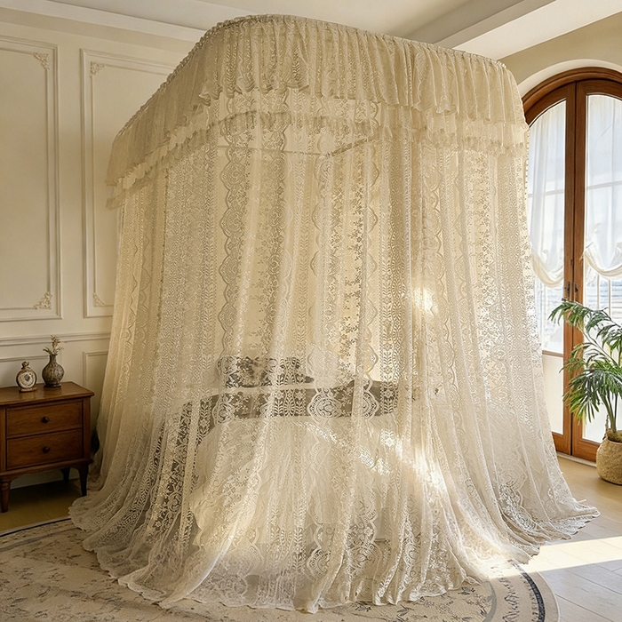 91家纺网 家纺一手货源 找家纺 都市缘蚊帐 2026新款浪漫303新款欧式蕾丝轨道蚊帐 苏格兰-奶油杏