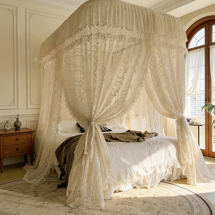 91家纺网 家纺一手货源 找家纺 都市缘蚊帐 2026新款浪漫303新款欧式蕾丝轨道蚊帐 苏格兰-奶油杏