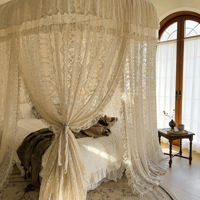 91家纺网 家纺一手货源 找家纺 都市缘蚊帐 2026新款浪漫303新款欧式蕾丝轨道蚊帐 苏格兰-奶油杏