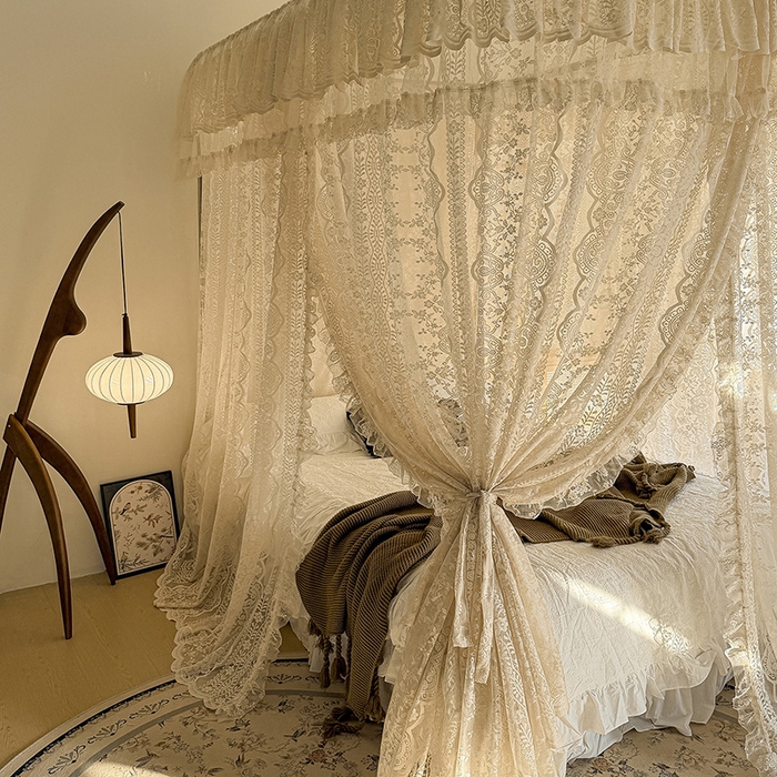 91家纺网 家纺一手货源 找家纺 都市缘蚊帐 2026新款浪漫303新款欧式蕾丝轨道蚊帐 苏格兰-奶油杏