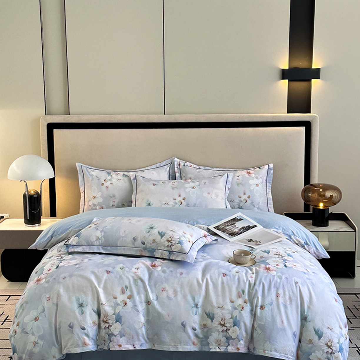 91家纺网 家纺一手货源 找家纺 眷恋家纺 2026新款全棉春夏铂金棉13376数码印花四件套 水中月-兰