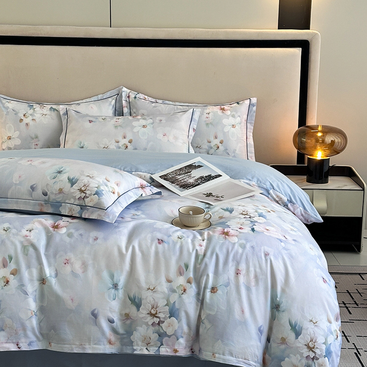 91家纺网 家纺一手货源 找家纺 眷恋家纺 2026新款全棉春夏铂金棉13376数码印花四件套 水中月-兰