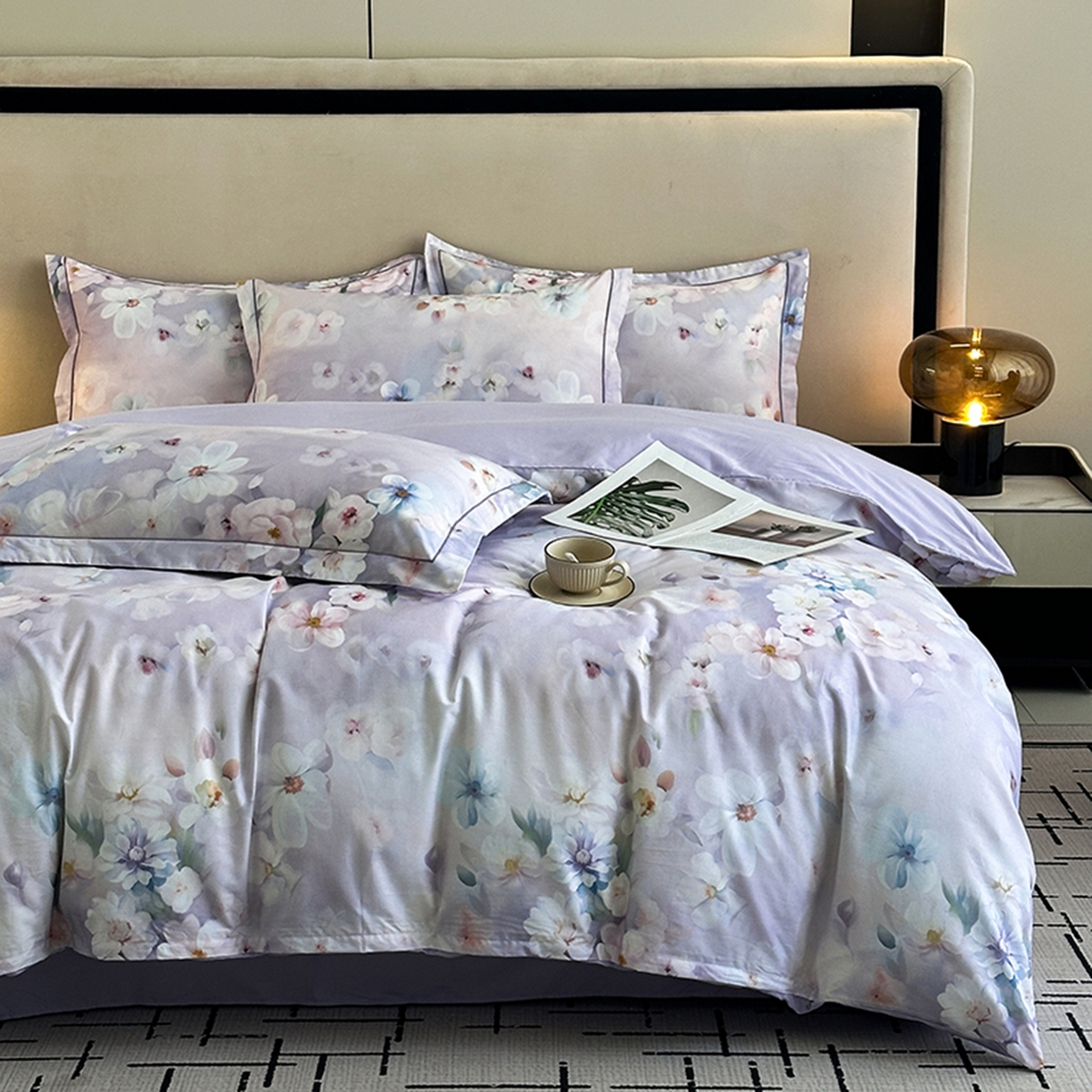 91家纺网 家纺一手货源 找家纺 眷恋家纺 2026新款全棉春夏铂金棉13376数码印花四件套 水中月-紫