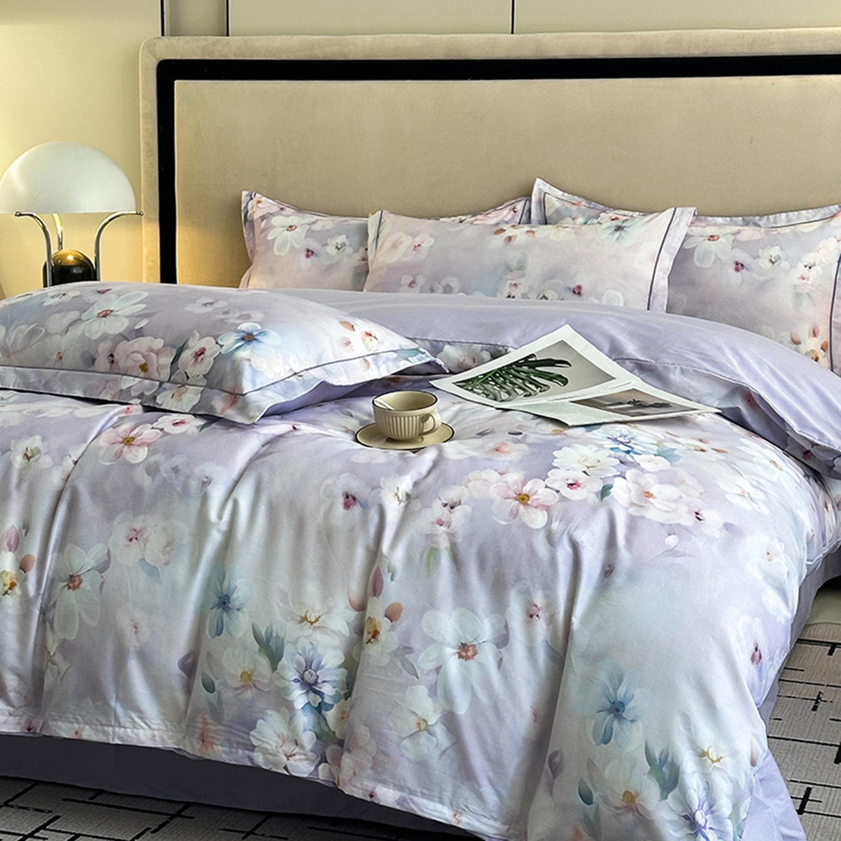 91家纺网 家纺一手货源 找家纺 眷恋家纺 2026新款全棉春夏铂金棉13376数码印花四件套 水中月-紫