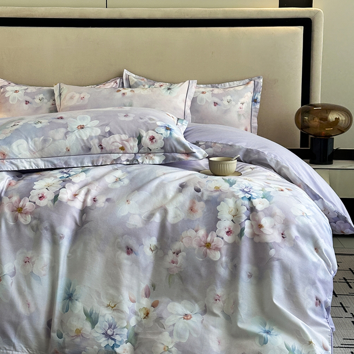 91家纺网 家纺一手货源 找家纺 眷恋家纺 2026新款全棉春夏铂金棉13376数码印花四件套 水中月-紫