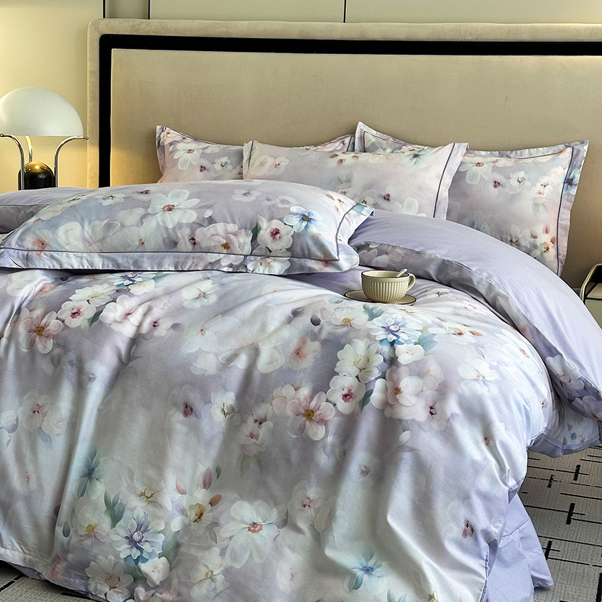 91家纺网 家纺一手货源 找家纺 眷恋家纺 2026新款全棉春夏铂金棉13376数码印花四件套 水中月-紫