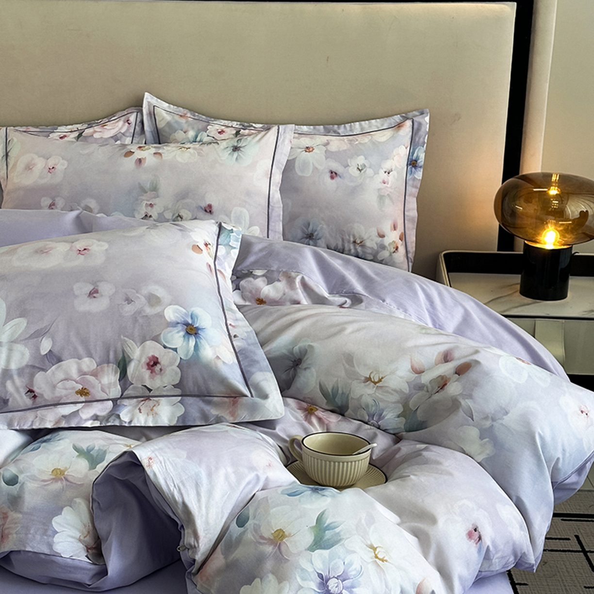 91家纺网 家纺一手货源 找家纺 眷恋家纺 2026新款全棉春夏铂金棉13376数码印花四件套 水中月-紫