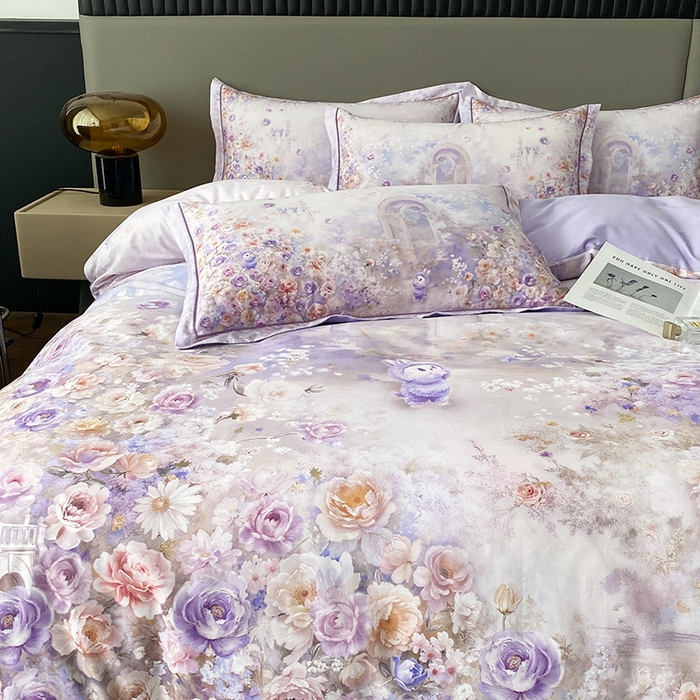 91家纺网 家纺一手货源 找家纺 眷恋家纺 2026新款全棉春夏铂金棉13376数码印花四件套 童话乐园-紫