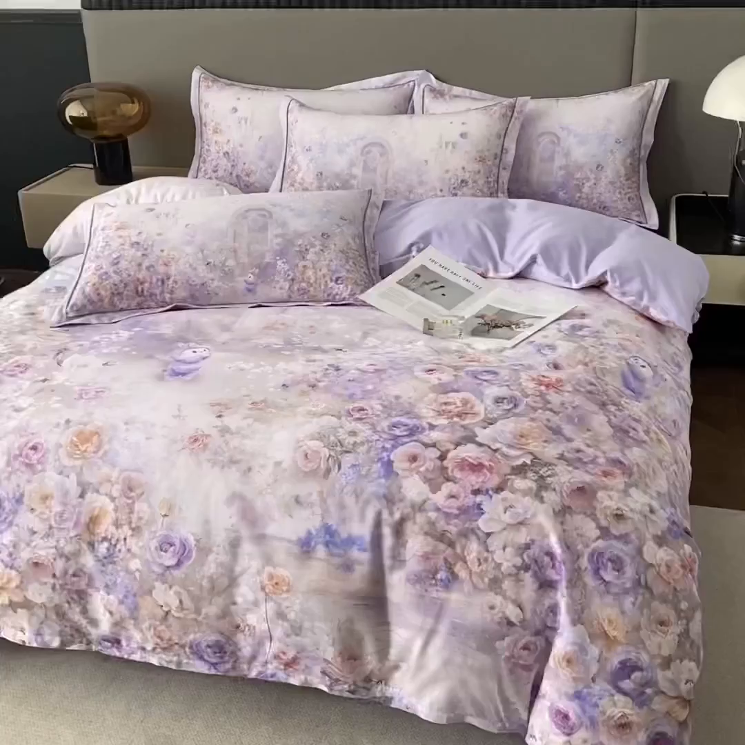 91家纺网 家纺一手货源 找家纺 眷恋家纺 2026新款全棉春夏铂金棉13376数码印花四件套 童话乐园-紫