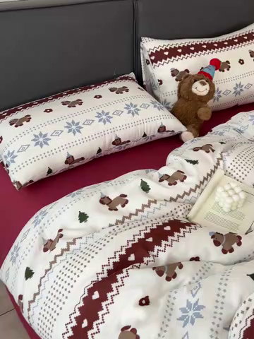 91家纺网 家纺一手货源 找家纺 仟网汇 2025新款全棉纯棉层纱四件套 费尔岛小马