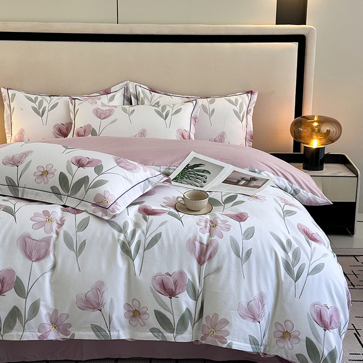 91家纺网 家纺一手货源 找家纺 眷恋家纺 2026新款全棉春夏铂金棉13376数码印花四件套 夏恋-粉