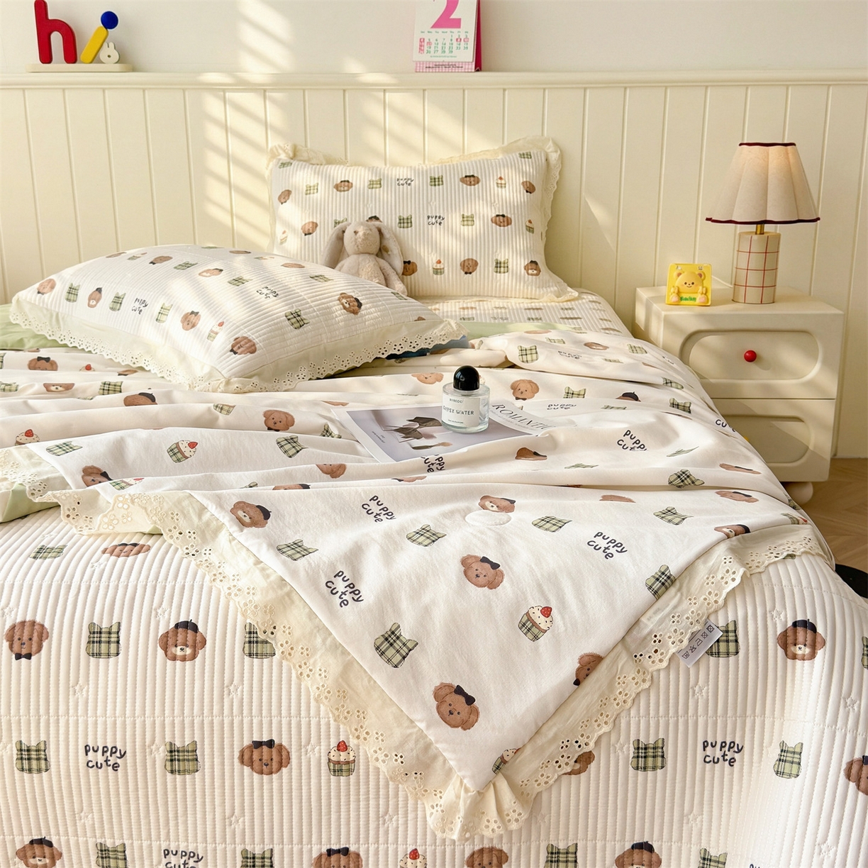 雯豆家纺 2026春夏新款A类凉感花边床盖夏被夏凉被空调被四件套 蛋糕小熊