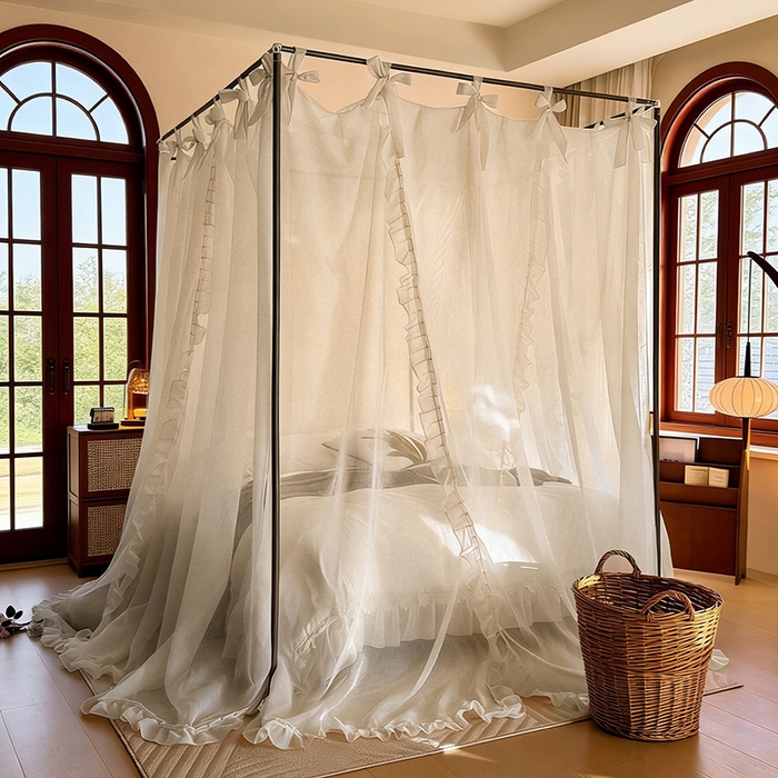 91家纺网 家纺一手货源 找家纺 都市缘蚊帐 2026新款浪漫905多丽棉纱落地宫廷蚊帐 麦芽杏-场景2