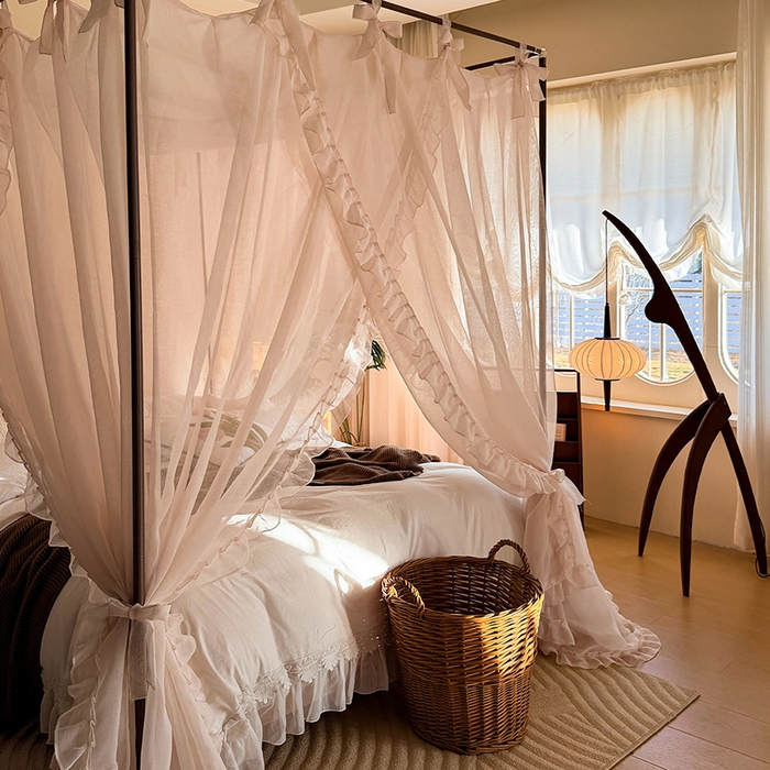 91家纺网 家纺一手货源 找家纺 都市缘蚊帐 2026新款浪漫905多丽棉纱落地宫廷蚊帐 粉扑色