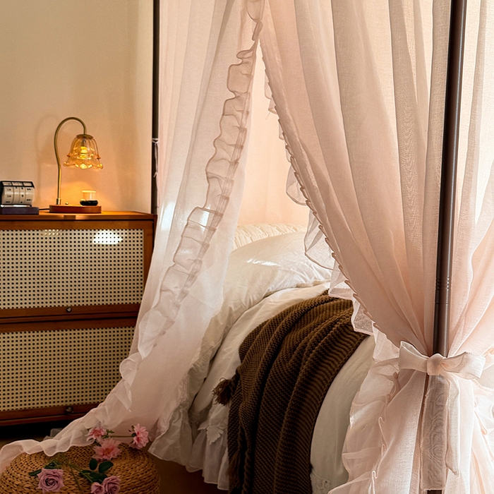 91家纺网 家纺一手货源 找家纺 都市缘蚊帐 2026新款浪漫905多丽棉纱落地宫廷蚊帐 粉扑色