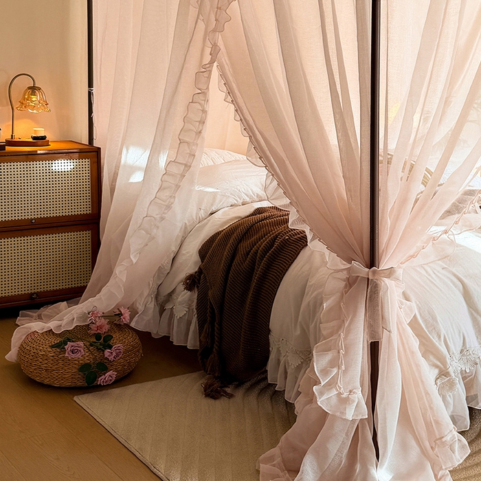 91家纺网 家纺一手货源 找家纺 都市缘蚊帐 2026新款浪漫905多丽棉纱落地宫廷蚊帐 粉扑色