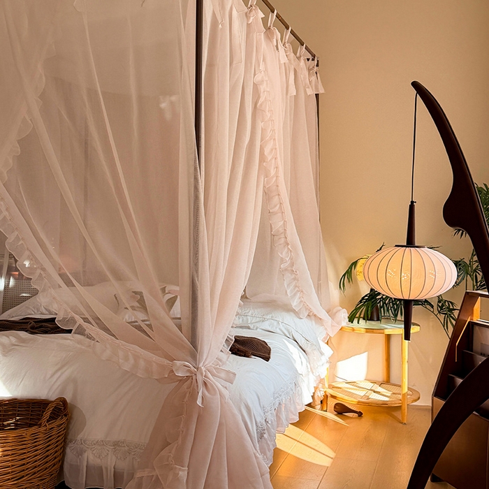 91家纺网 家纺一手货源 找家纺 都市缘蚊帐 2026新款浪漫905多丽棉纱落地宫廷蚊帐 粉扑色