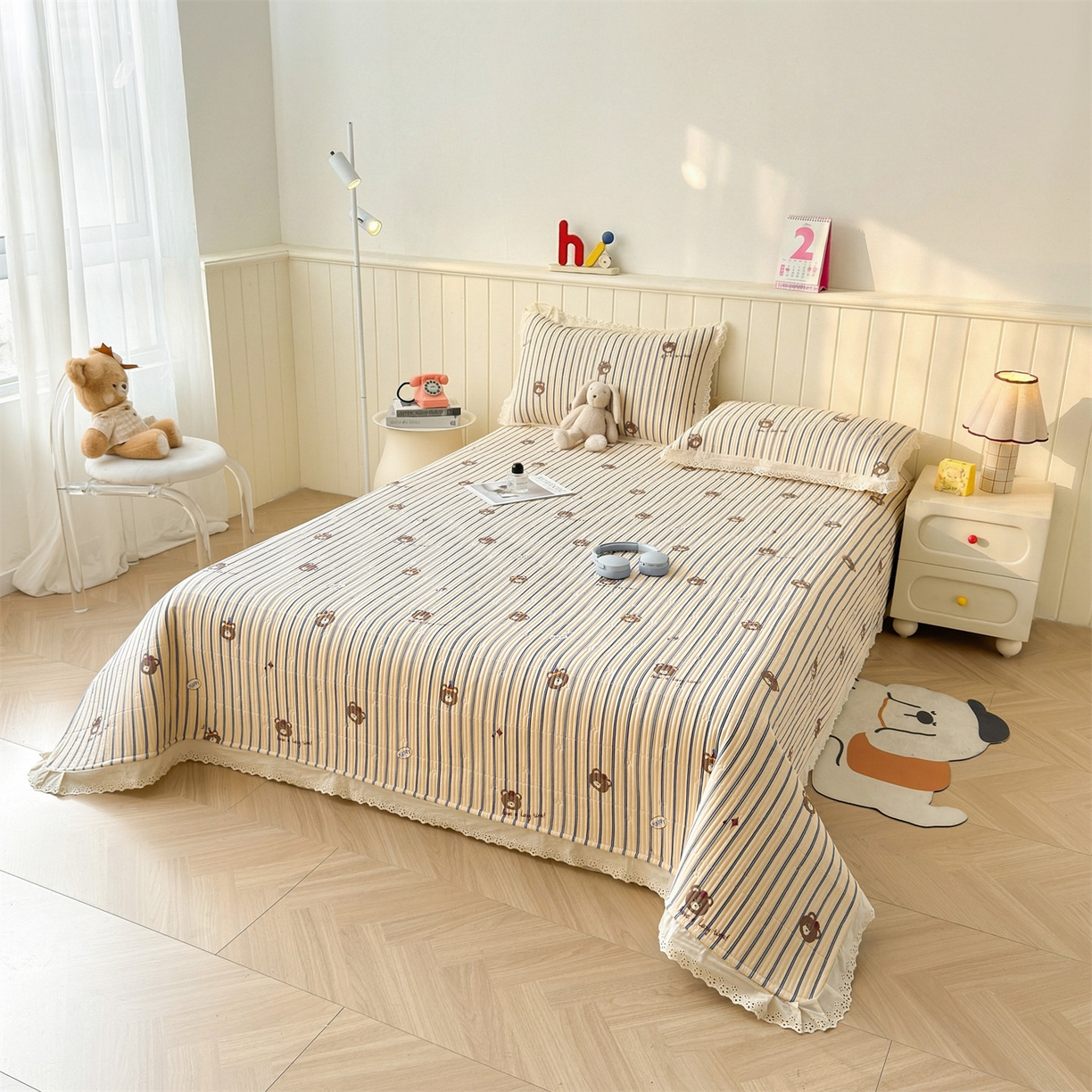 91家纺网 家纺一手货源 找家纺 雯豆家纺 2026春夏新款A类凉感花边床盖夏被夏凉被空调被四件套 嗨皮熊