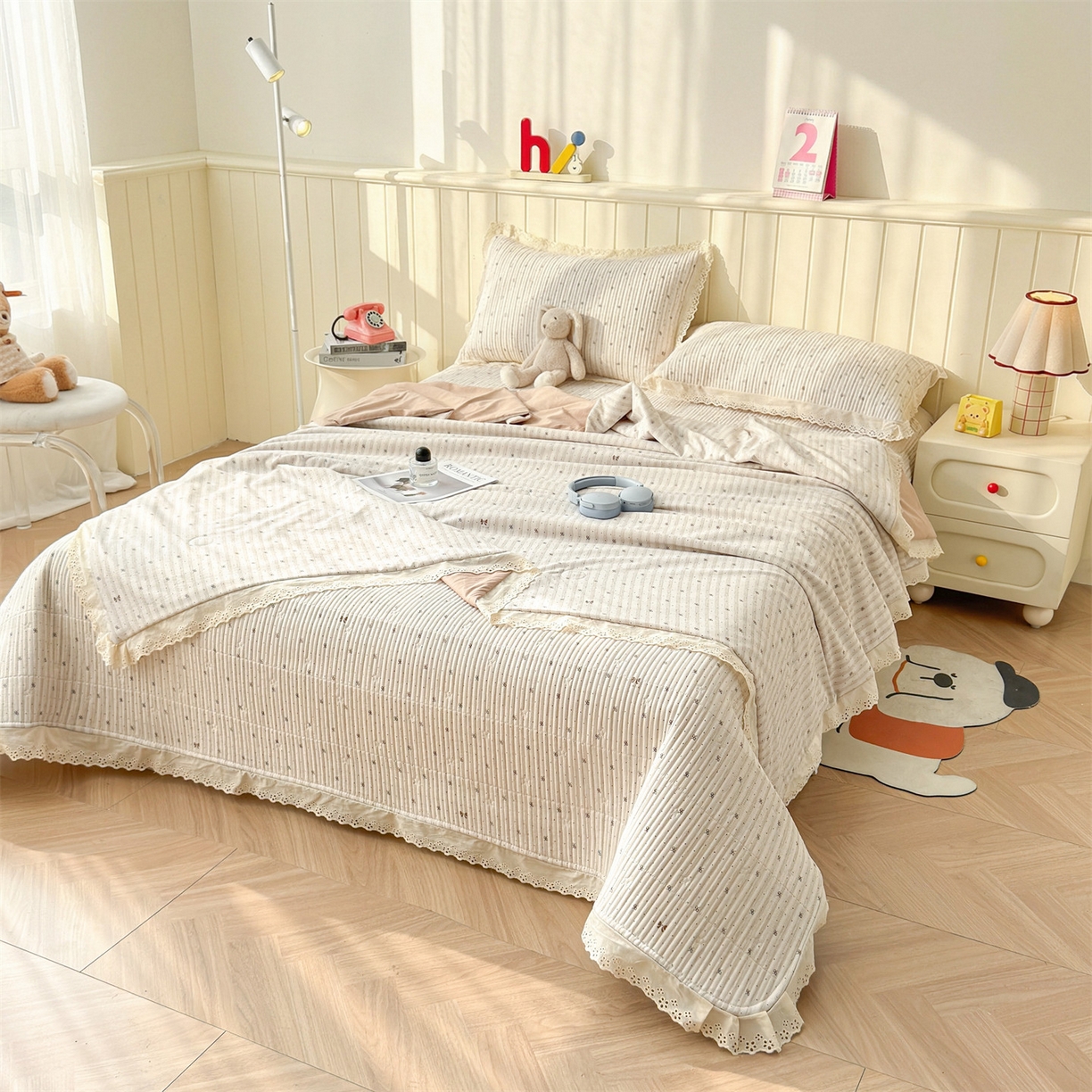 91家纺网 家纺一手货源 找家纺 雯豆家纺 2026春夏新款A类凉感花边床盖夏被夏凉被空调被四件套 蝶甜小筑