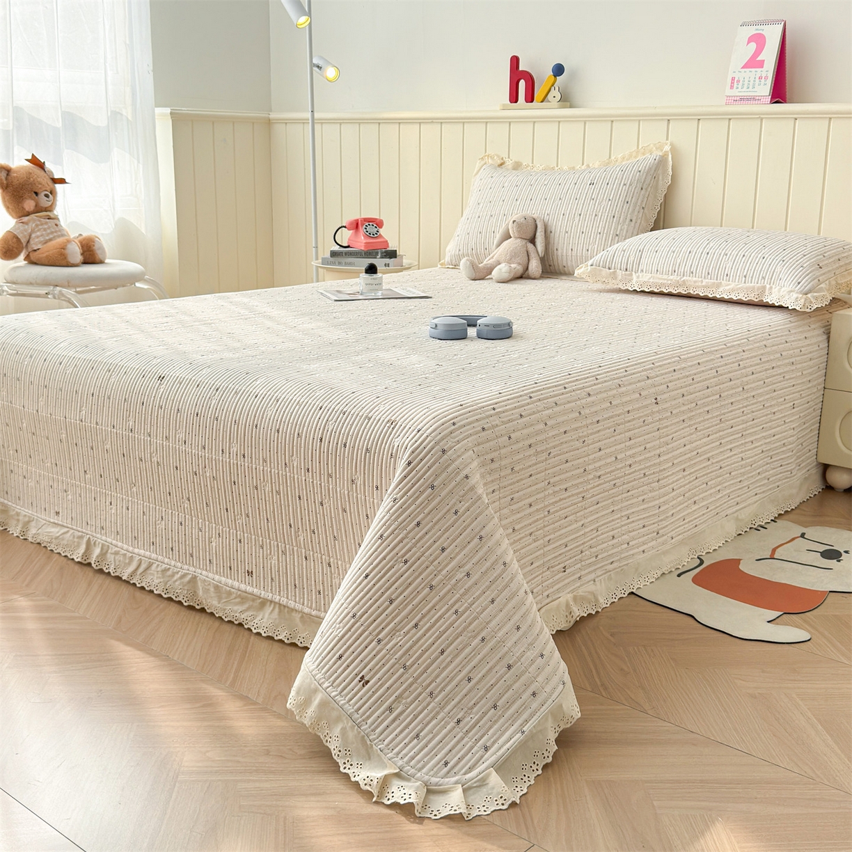 91家纺网 家纺一手货源 找家纺 雯豆家纺 2026春夏新款A类凉感花边床盖夏被夏凉被空调被四件套 蝶甜小筑