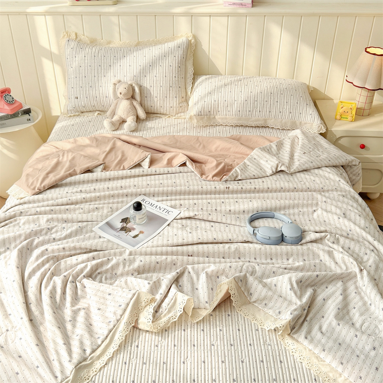 雯豆家纺 2026春夏新款A类凉感花边床盖夏被夏凉被空调被四件套 蝶甜小筑