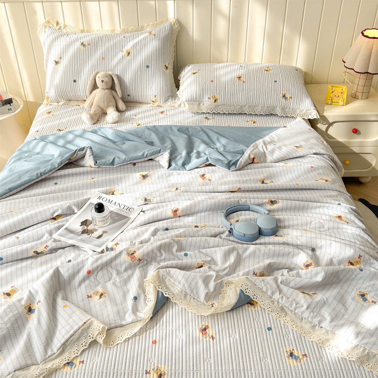 91家纺网 家纺一手货源 找家纺 雯豆家纺 2026春夏新款A类凉感花边床盖夏被夏凉被空调被四件套 暖汪汪