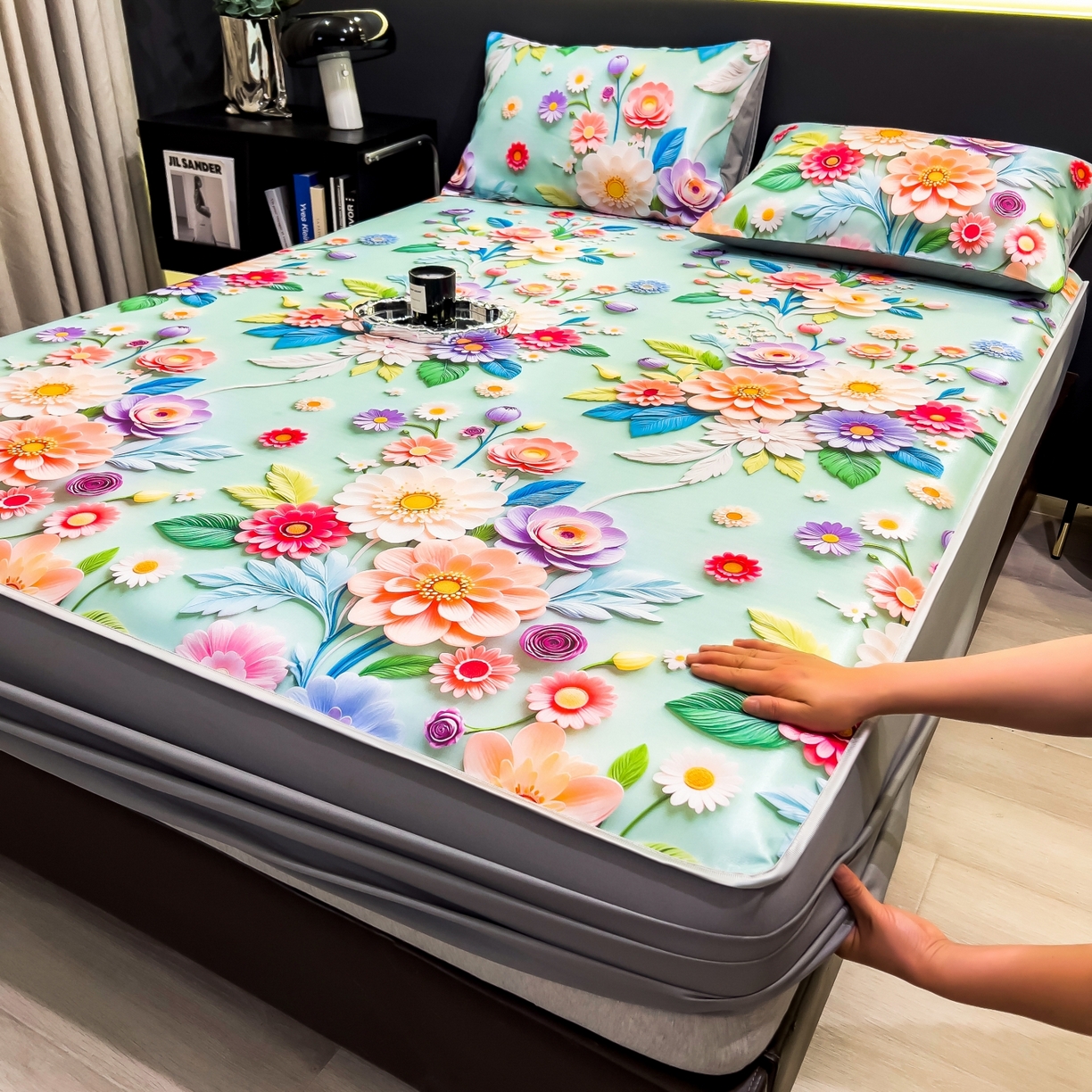 91家纺网 家纺一手货源 找家纺 许林家纺 2026新款数码印花超级凉感席床笠款 春生物