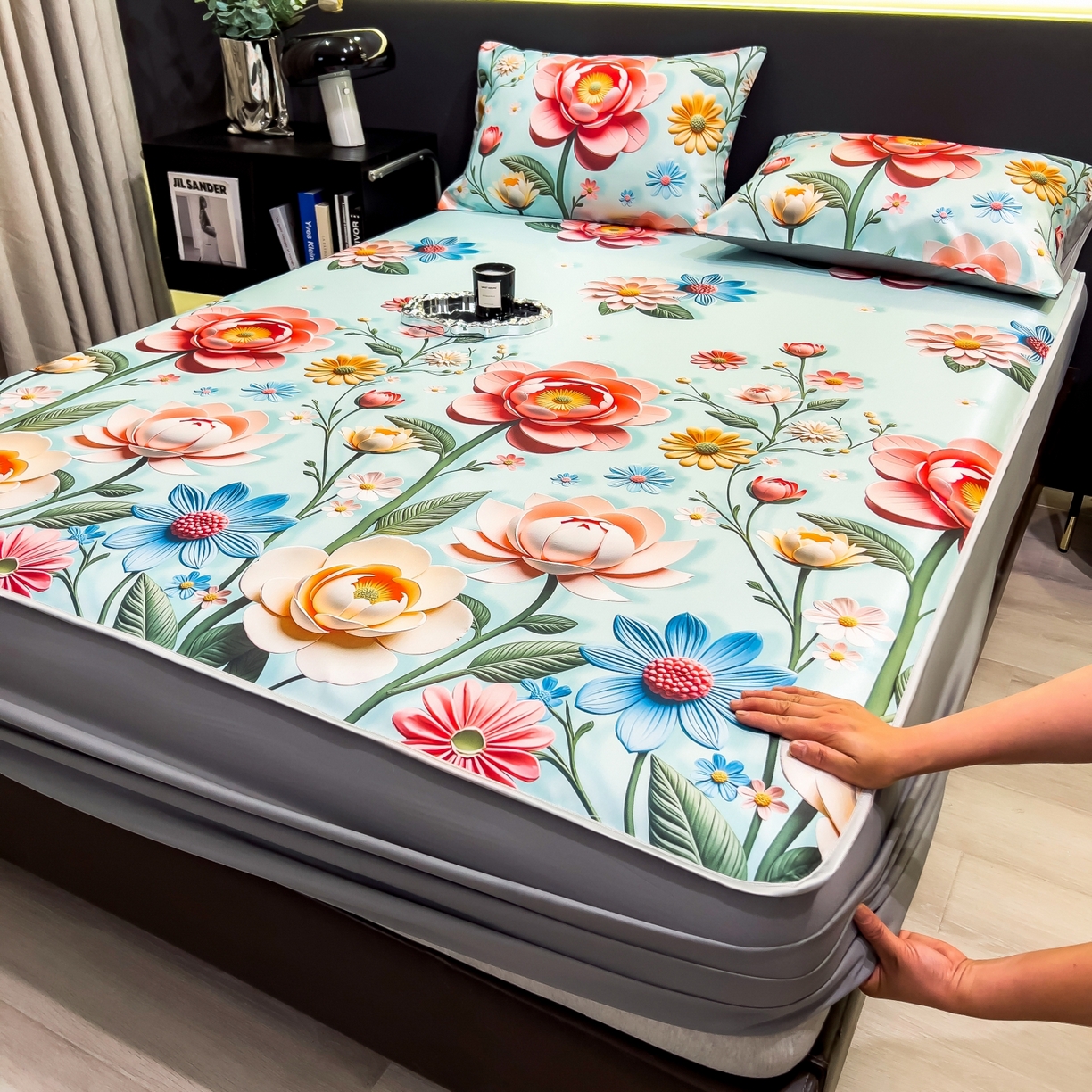 91家纺网 家纺一手货源 找家纺 许林家纺 2026新款数码印花超级凉感席床笠款 芸白