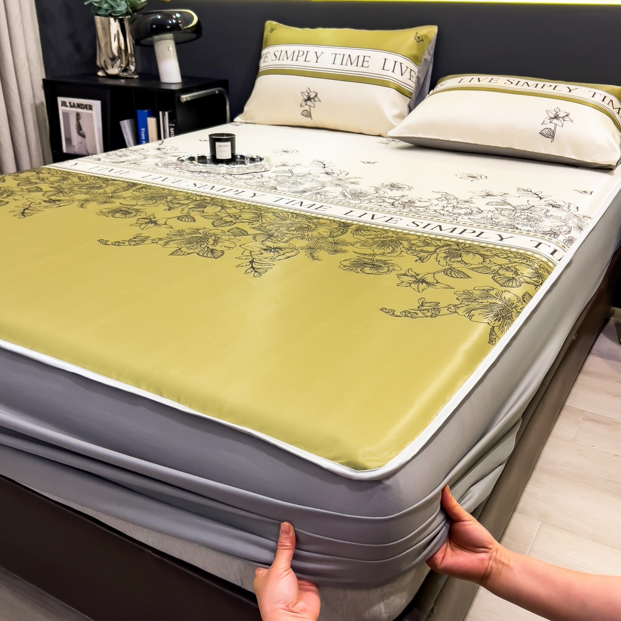 91家纺网 家纺一手货源 找家纺 许林家纺 2026新款数码印花超级凉感席床笠款 绿玉薄荷