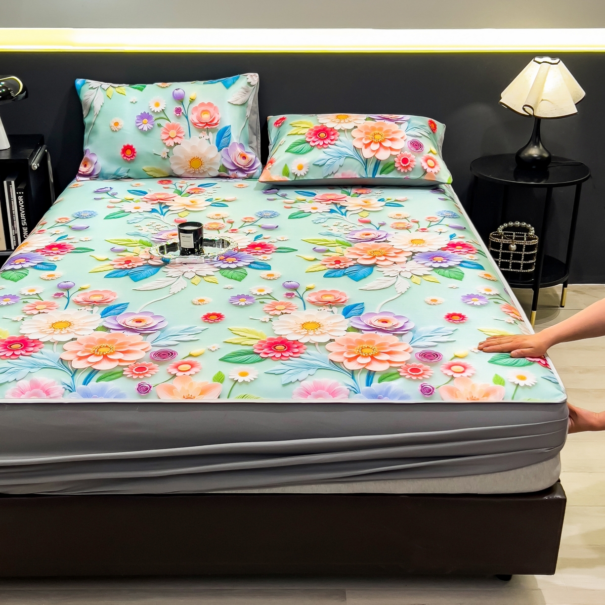 91家纺网 家纺一手货源 找家纺 许林家纺 2026新款数码印花超级凉感席床笠款 春生物