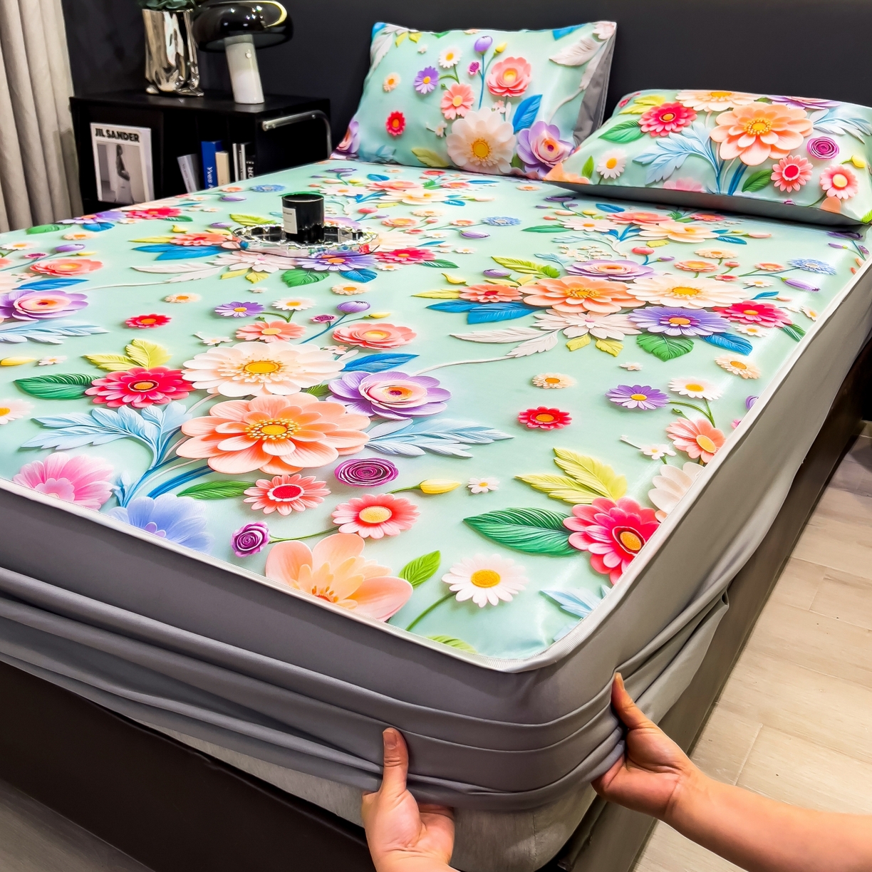 91家纺网 家纺一手货源 找家纺 许林家纺 2026新款数码印花超级凉感席床笠款 春生物