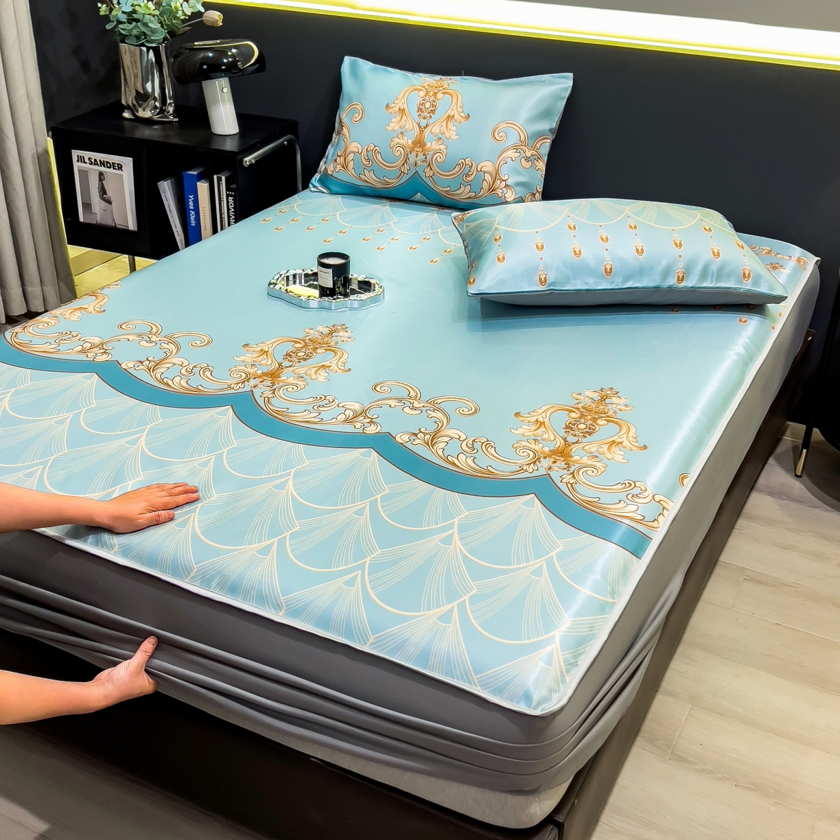 91家纺网 家纺一手货源 找家纺 许林家纺 2026新款数码印花超级凉感席床笠款 牧夏