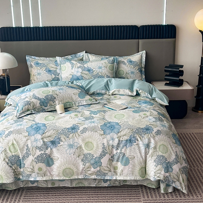 91家纺网 家纺一手货源 找家纺 眷恋家纺 2026新款全棉春夏铂金棉13376数码印花四件套 雪域森林-兰