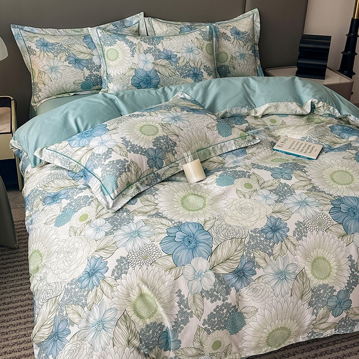 91家纺网 家纺一手货源 找家纺 眷恋家纺 2026新款全棉春夏铂金棉13376数码印花四件套 雪域森林-兰