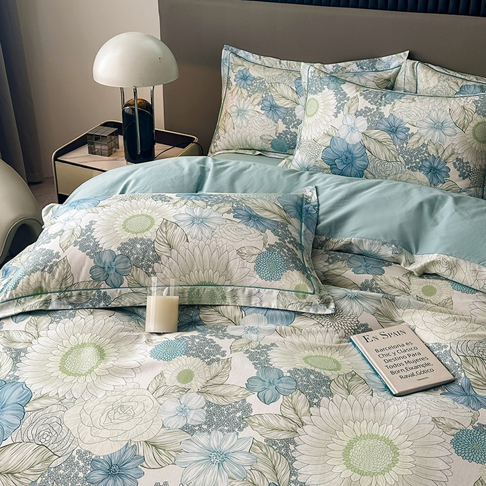 91家纺网 家纺一手货源 找家纺 眷恋家纺 2026新款全棉春夏铂金棉13376数码印花四件套 雪域森林-兰