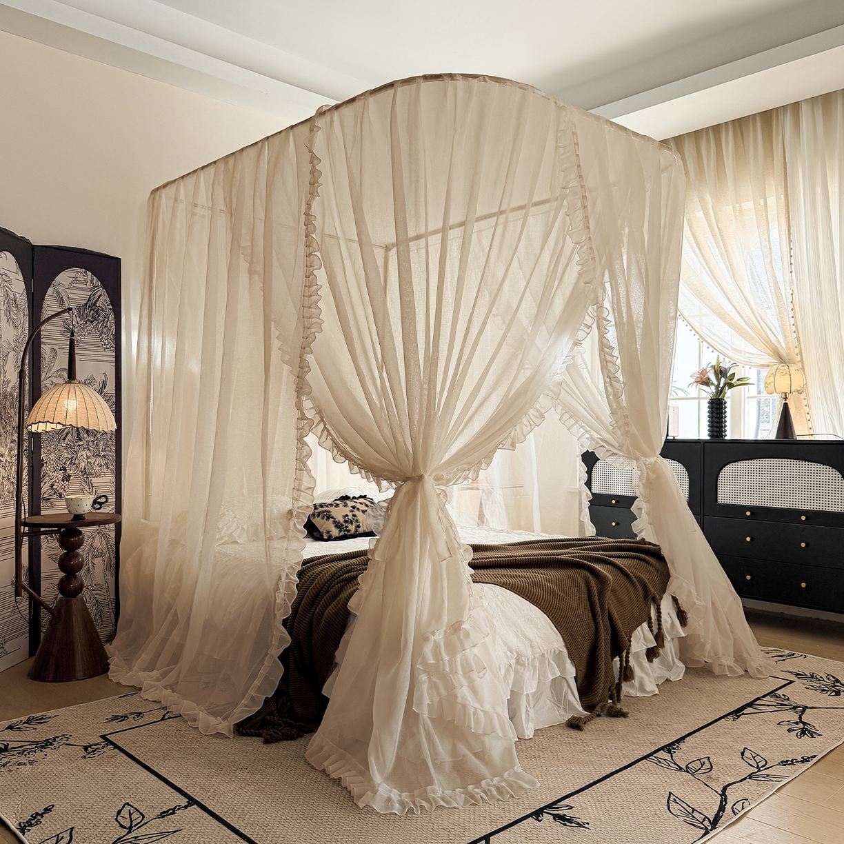 都市缘蚊帐 2026新款3302多丽棉纱伸缩宫廷蚊帐 3302-麦芽杏