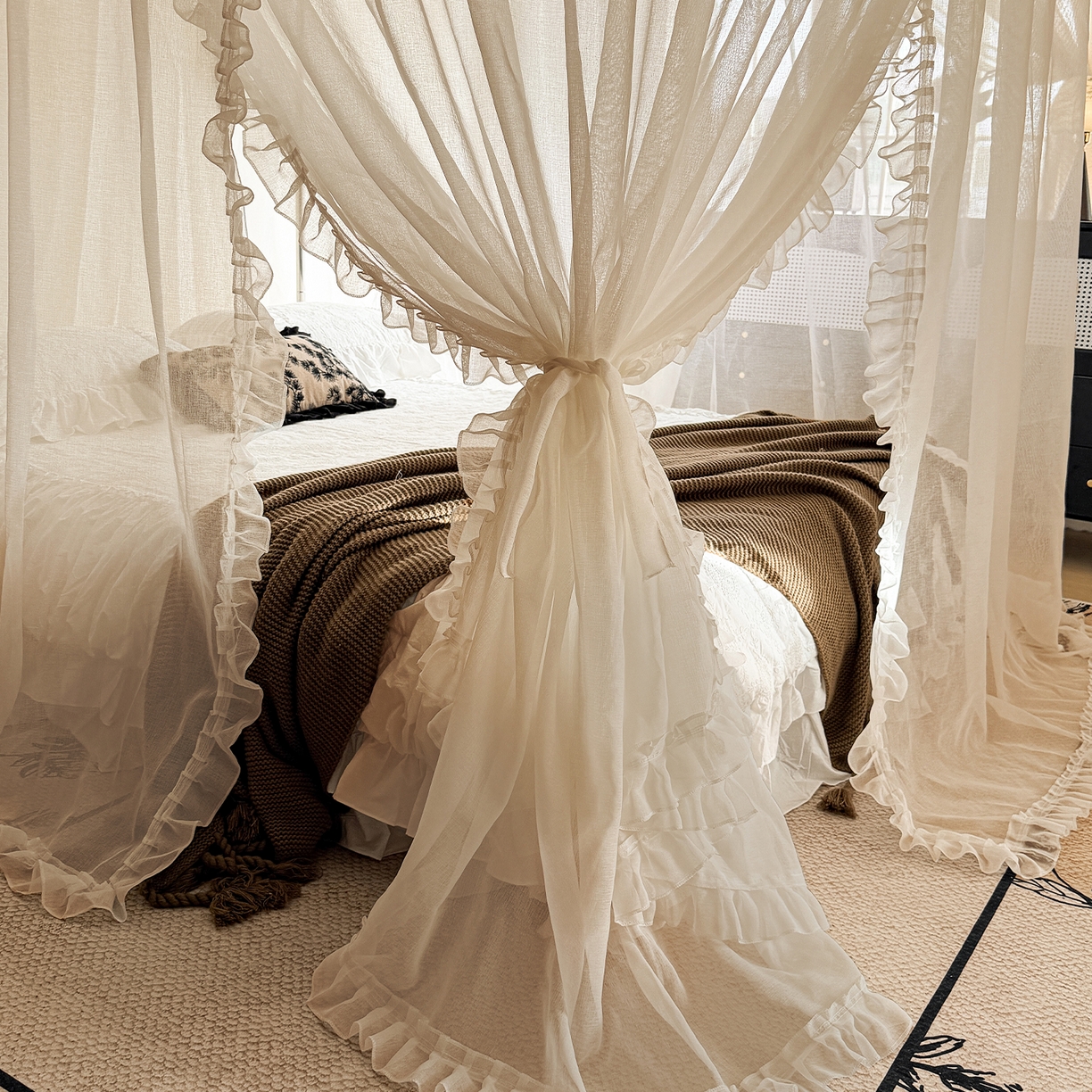 91家纺网 家纺一手货源 找家纺 都市缘蚊帐 2026新款3302多丽棉纱伸缩宫廷蚊帐 3302-麦芽杏