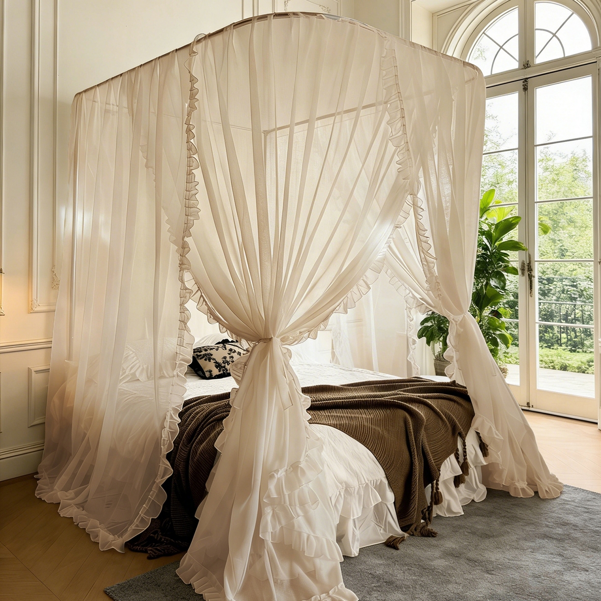 91家纺网 家纺一手货源 找家纺 都市缘蚊帐 2026新款3302多丽棉纱伸缩宫廷蚊帐 3302-麦芽杏