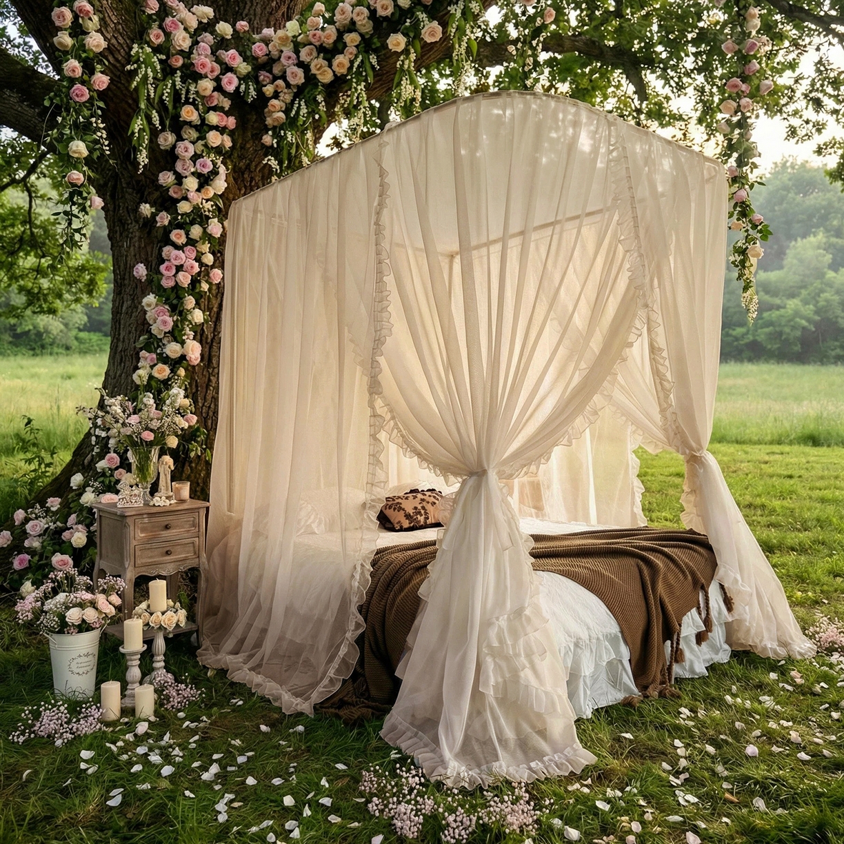 91家纺网 家纺一手货源 找家纺 都市缘蚊帐 2026新款3302多丽棉纱伸缩宫廷蚊帐 3302-麦芽杏