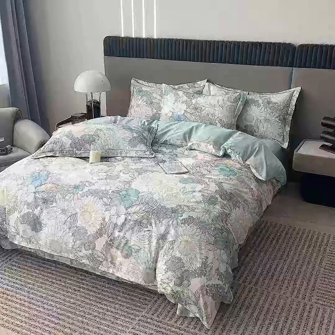 91家纺网 家纺一手货源 找家纺 眷恋家纺 2026新款全棉春夏铂金棉13376数码印花四件套 雪域森林-兰