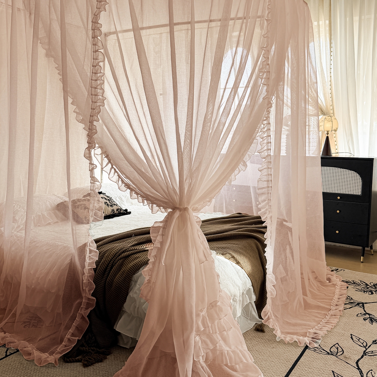 91家纺网 家纺一手货源 找家纺 都市缘蚊帐 2026新款3302多丽棉纱伸缩宫廷蚊帐 3302-粉扑色