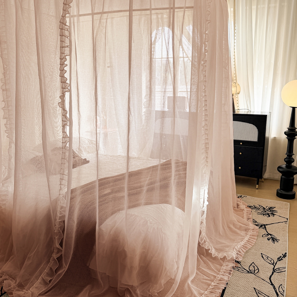 91家纺网 家纺一手货源 找家纺 都市缘蚊帐 2026新款3302多丽棉纱伸缩宫廷蚊帐 3302-粉扑色