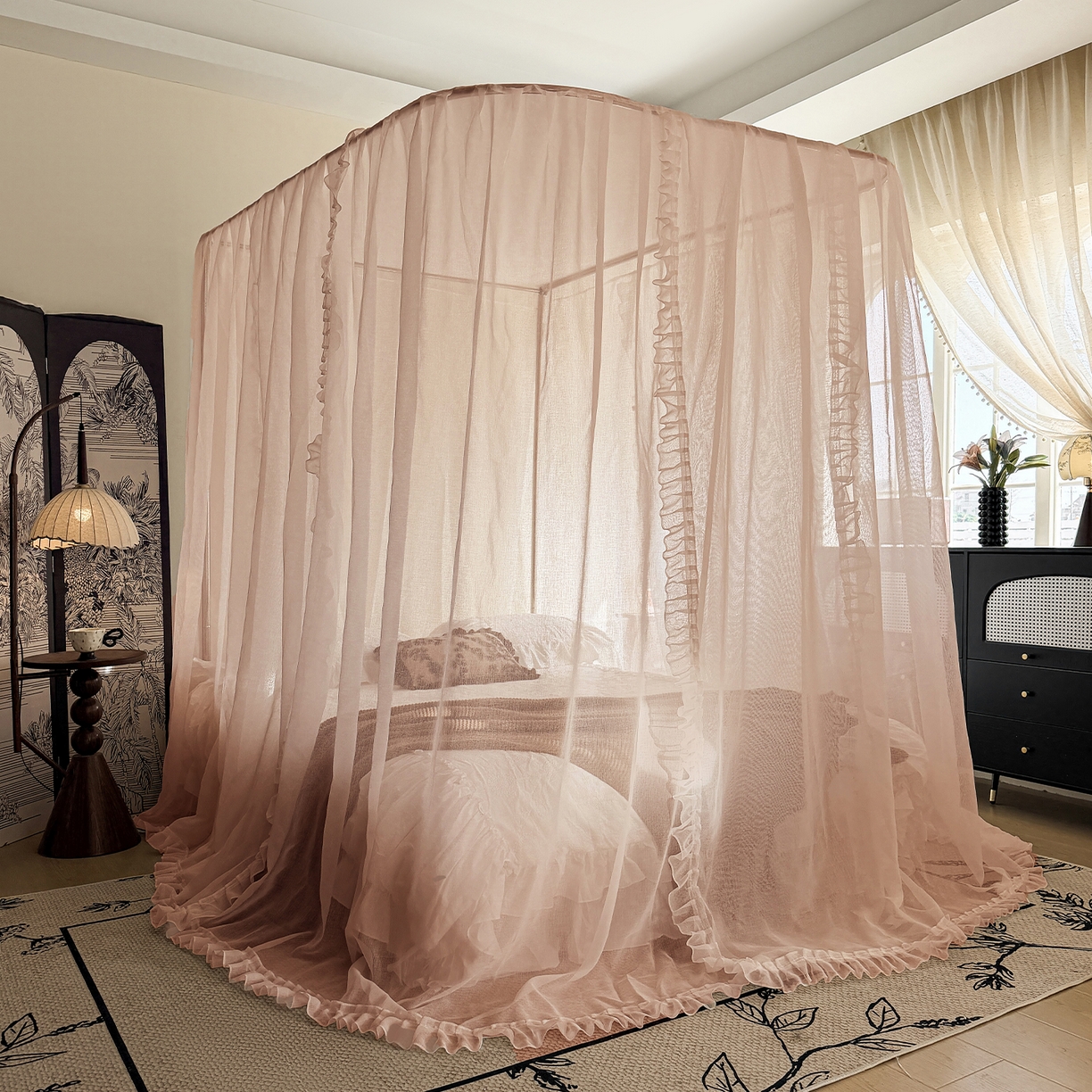 91家纺网 家纺一手货源 找家纺 都市缘蚊帐 2026新款3302多丽棉纱伸缩宫廷蚊帐 3302-粉扑色