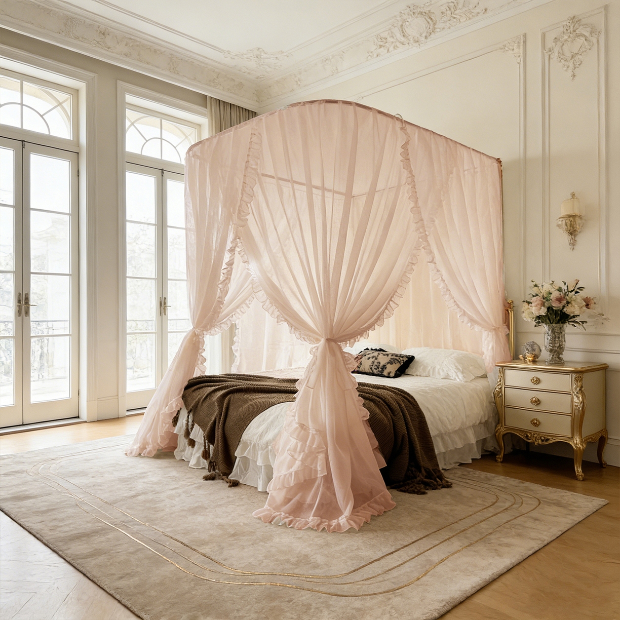 91家纺网 家纺一手货源 找家纺 都市缘蚊帐 2026新款3302多丽棉纱伸缩宫廷蚊帐 3302-粉扑色