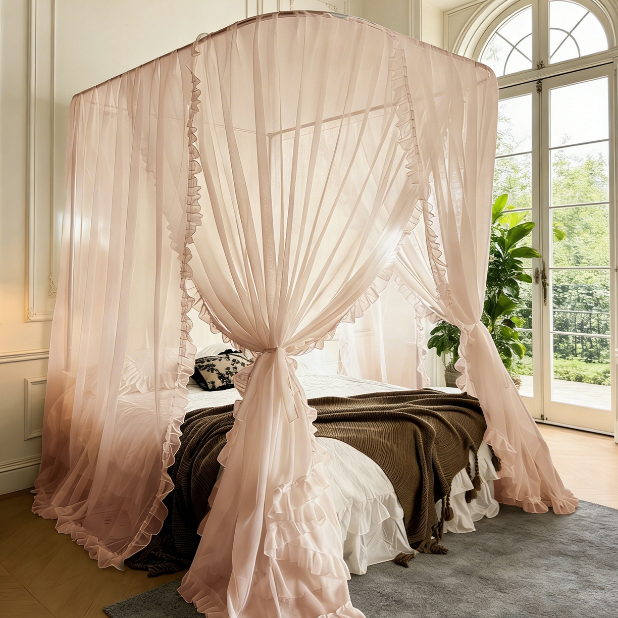 91家纺网 家纺一手货源 找家纺 都市缘蚊帐 2026新款3302多丽棉纱伸缩宫廷蚊帐 3302-粉扑色