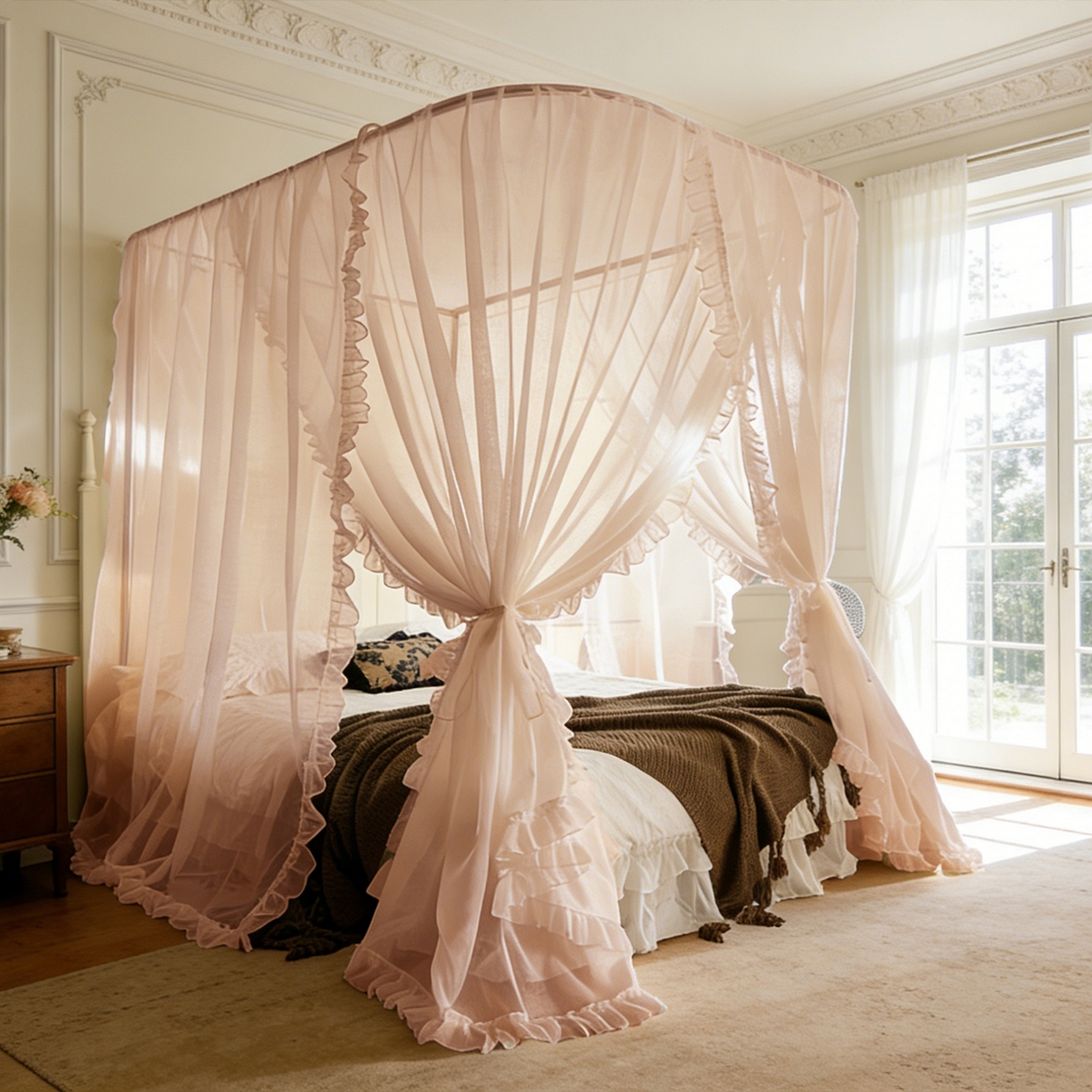 91家纺网 家纺一手货源 找家纺 都市缘蚊帐 2026新款3302多丽棉纱伸缩宫廷蚊帐 3302-粉扑色