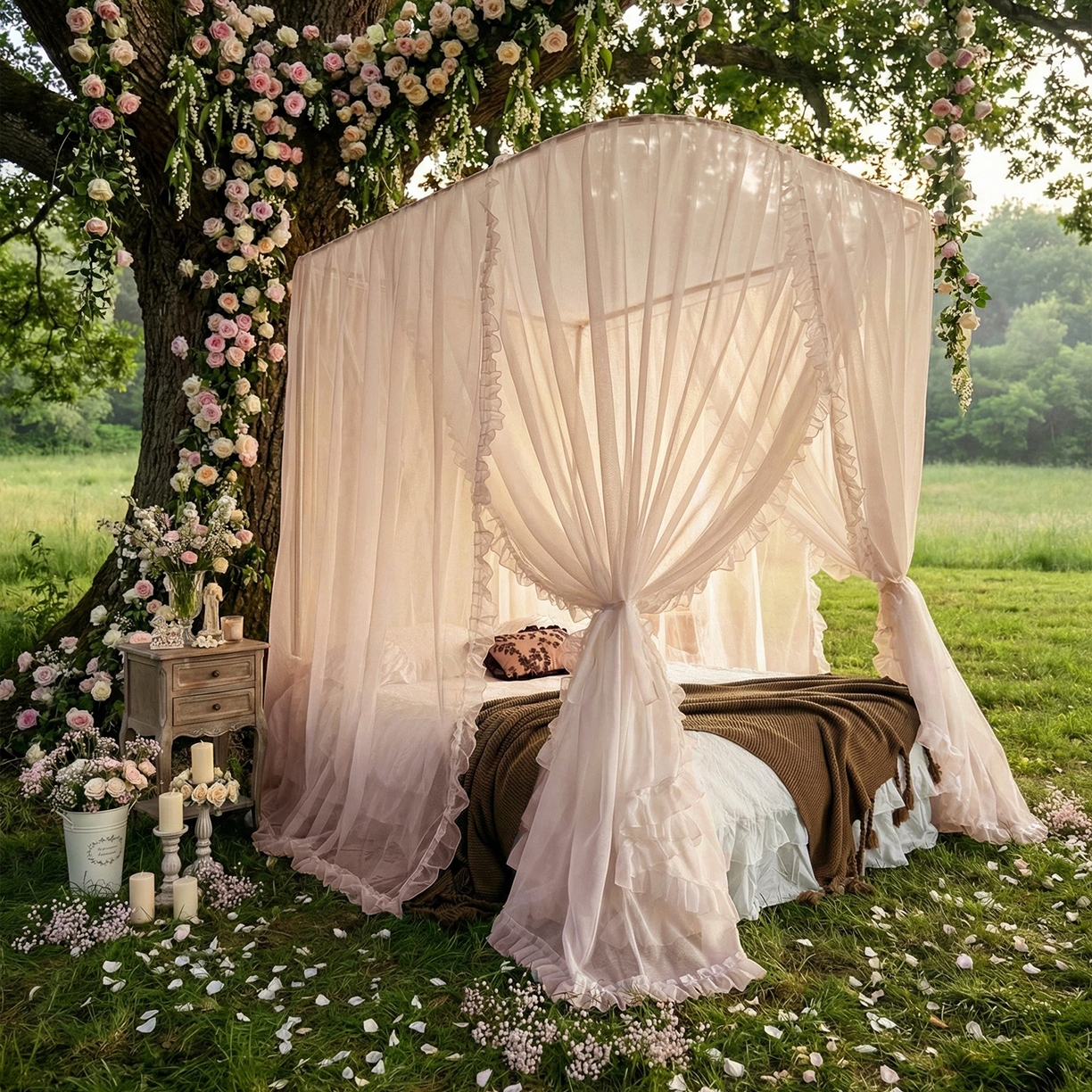 91家纺网 家纺一手货源 找家纺 都市缘蚊帐 2026新款3302多丽棉纱伸缩宫廷蚊帐 3302-粉扑色